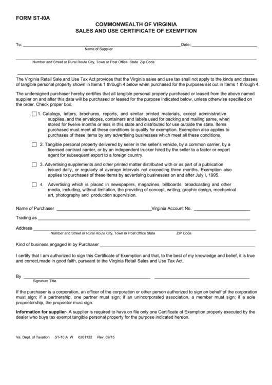 Fillable Form St-I0a - Sales And Use Certificate Of Exemption - Commonwealth Of Virginia Printable pdf