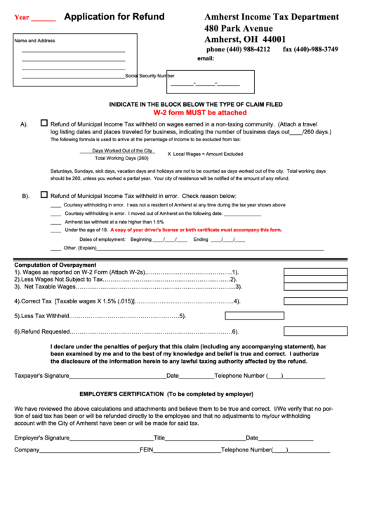 Application For Refund Form - Amherst Income Tax Department Printable pdf