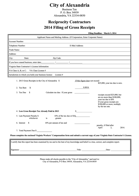 Reciprocity Contractors 2014 Filing Of Gross Receipts Form - City Of Alexandria Printable pdf