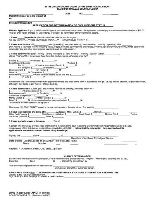 Application For Determination Of Civil Indigent Status Form - Pinellas County, Florida Printable pdf