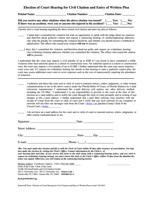 Election Of Court Hearing For Civil Citation And Entry Of Written Plea Form - Florida Printable pdf