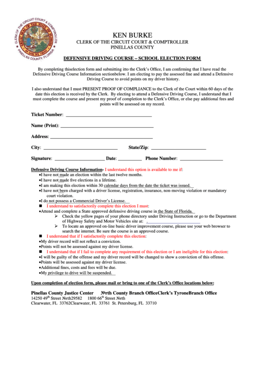 Fillable Defensive Driving Course - School Election Form - Pinellas County, Florida Printable pdf