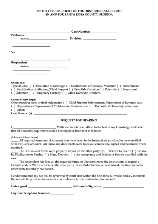 Request For Hearing Form Santa Rosa County Florida printable pdf