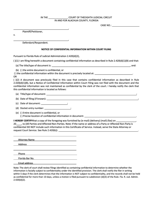 Fillable Notice Of Confidential Information Within Court Filing Form - Alachua County, Florida Printable pdf