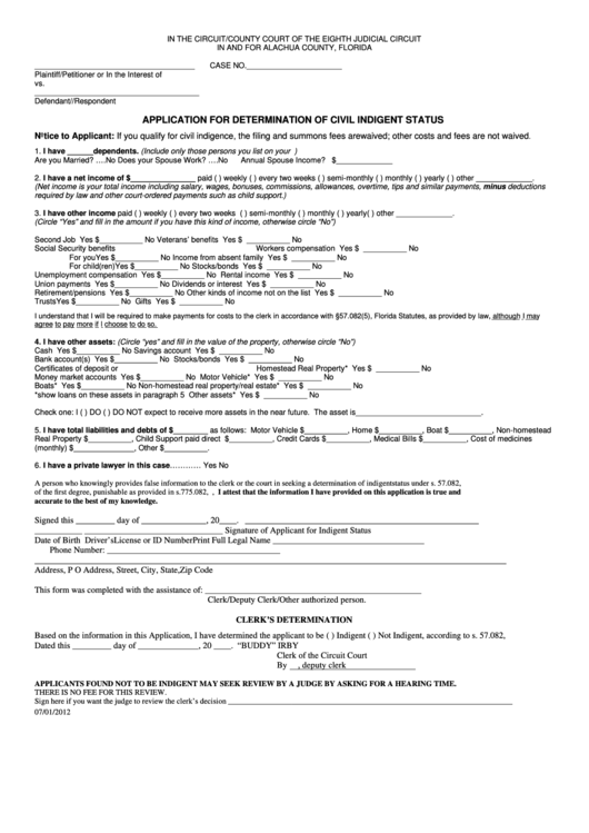 Application For Determination Of Civil Indigent Status Form - Alachua County, Florida Printable pdf