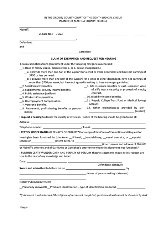 Fillable Claim Of Exemption And Request For Hearing Form - Alachua County, Florida Printable pdf