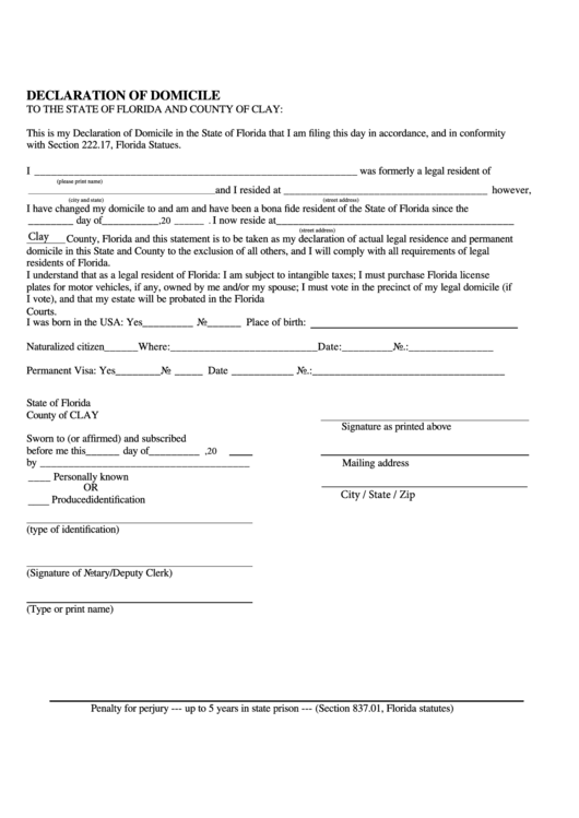 Fillable Declaration Of Domicile Form - Florida Printable pdf