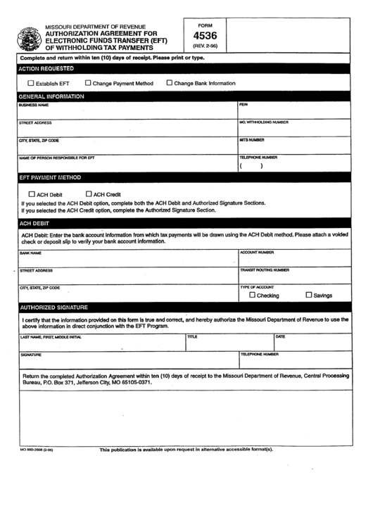 Fillable Form 4536 - Authorization Agreement For Electronic Funds Transfer (Eft) Of Withholding Tax Payments Form - State Of Missouri Printable pdf
