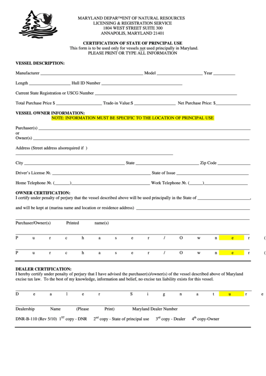 Fillable Form Dnr-B-110 - Certification Of State Of Principal Use - Maryland Department Of Natural Resources Printable pdf