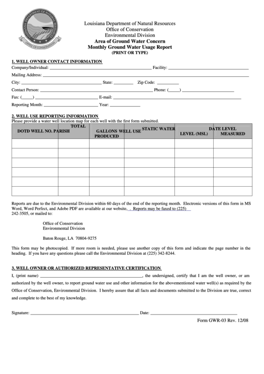Form Gwr-03 - Area Of Ground Water Concern Monthly Ground Water Usage Report Form - Louisiana Department Of Natural Resources Printable pdf