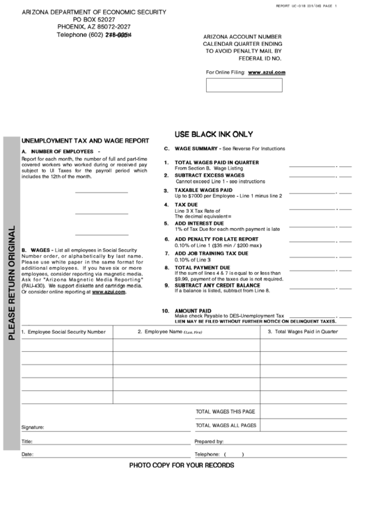 Fillable Form Uc-018 - Unemployment Tax And Wage Report, Form Uc-020 - Ui Tax Wage Listing Continuation - 2005 Printable pdf