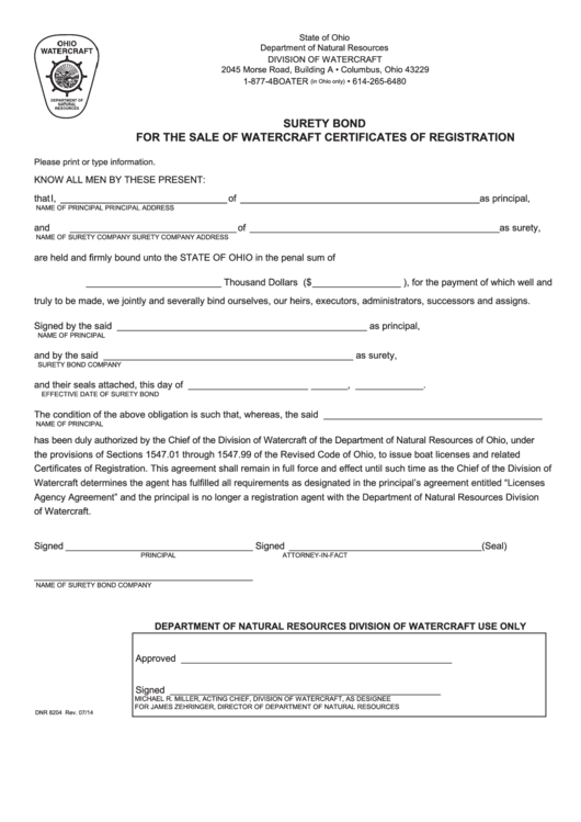 Form Dnr 8204 - Surety Bond For The Sale Of Watercraft Certificates Of Registration - Ohio Department Of Natural Resources Printable pdf