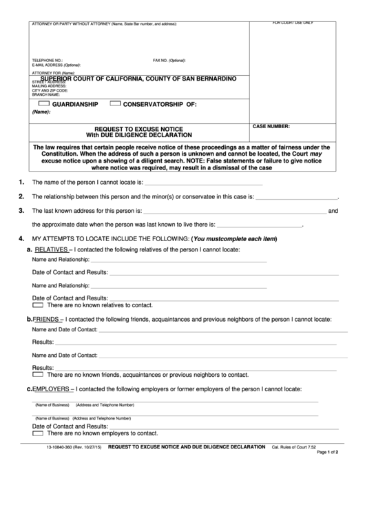 Request To Excuse Notice With Due Diligence Declaration Form - Superior Court Of California, County Of San Bernardino