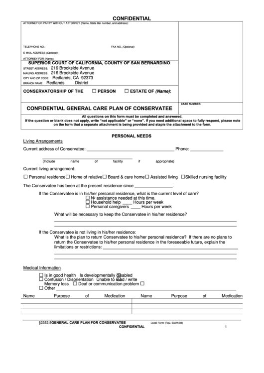 Confidential General Care Plan Of Conservatee Form - Superior Court Of California, County Of San Bernardino Printable pdf