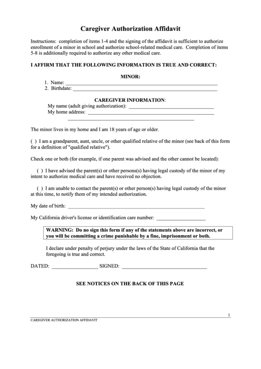 Fillable California Caregiver Authorization Affidavit Form Printable pdf