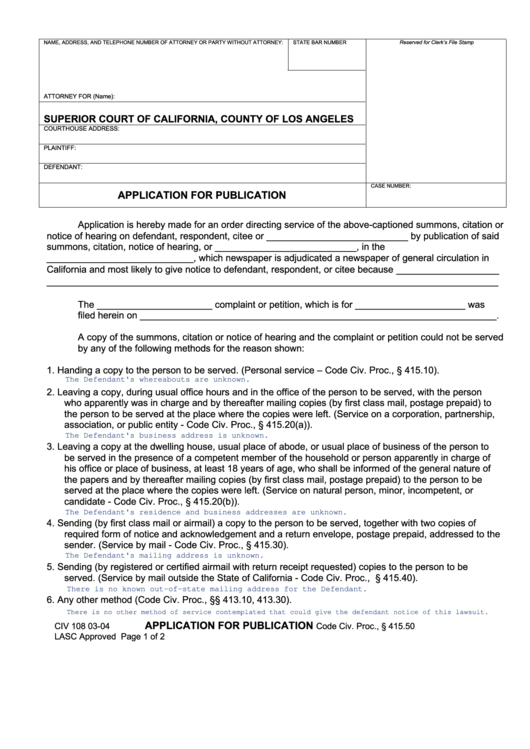 Fillable Application For Publication Form - Superior Court Of California Printable pdf