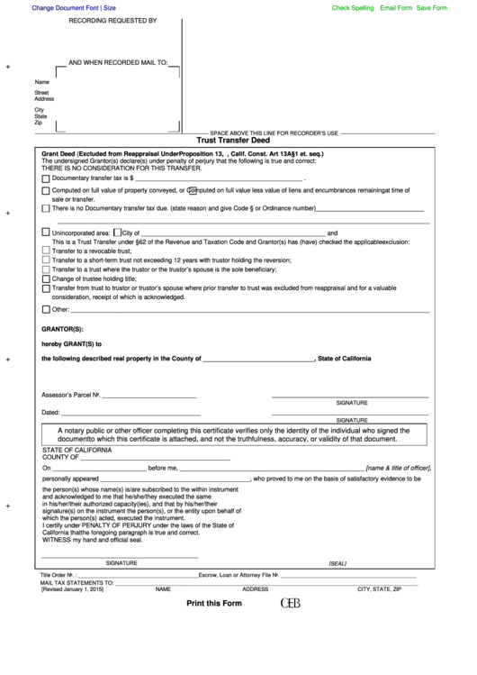 Fillable Trust Transfer Feed Form - California Printable pdf