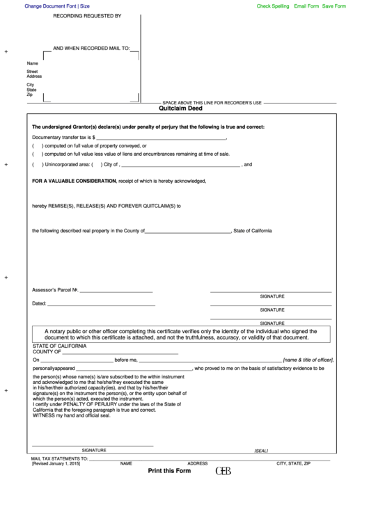 Fillable California Quitclaim Deed Form Printable pdf