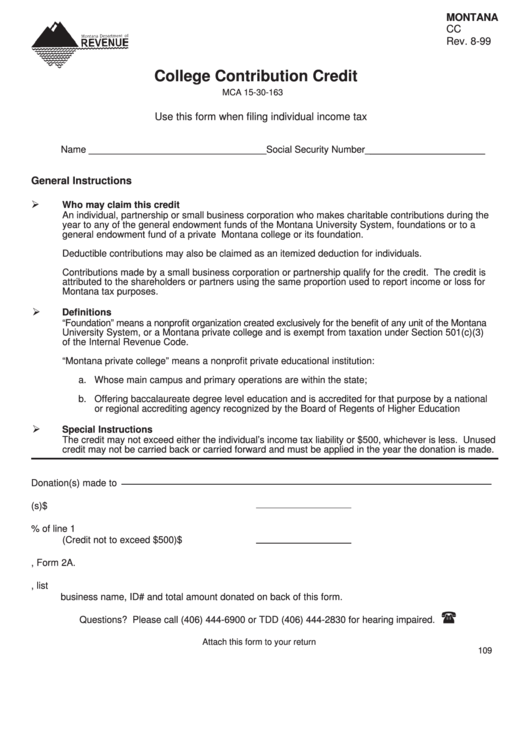 Form Cc - College Contribution Credit Printable pdf