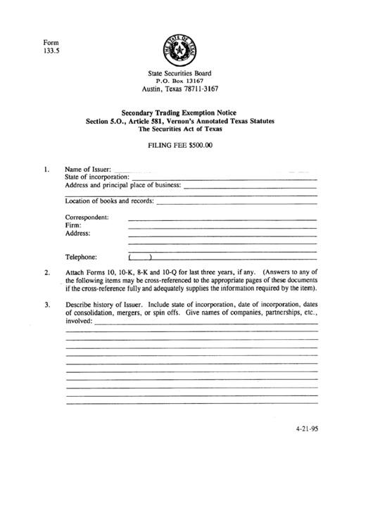 Form 133.5 - Secondary Trading Exemption Notice - 1995 Printable pdf