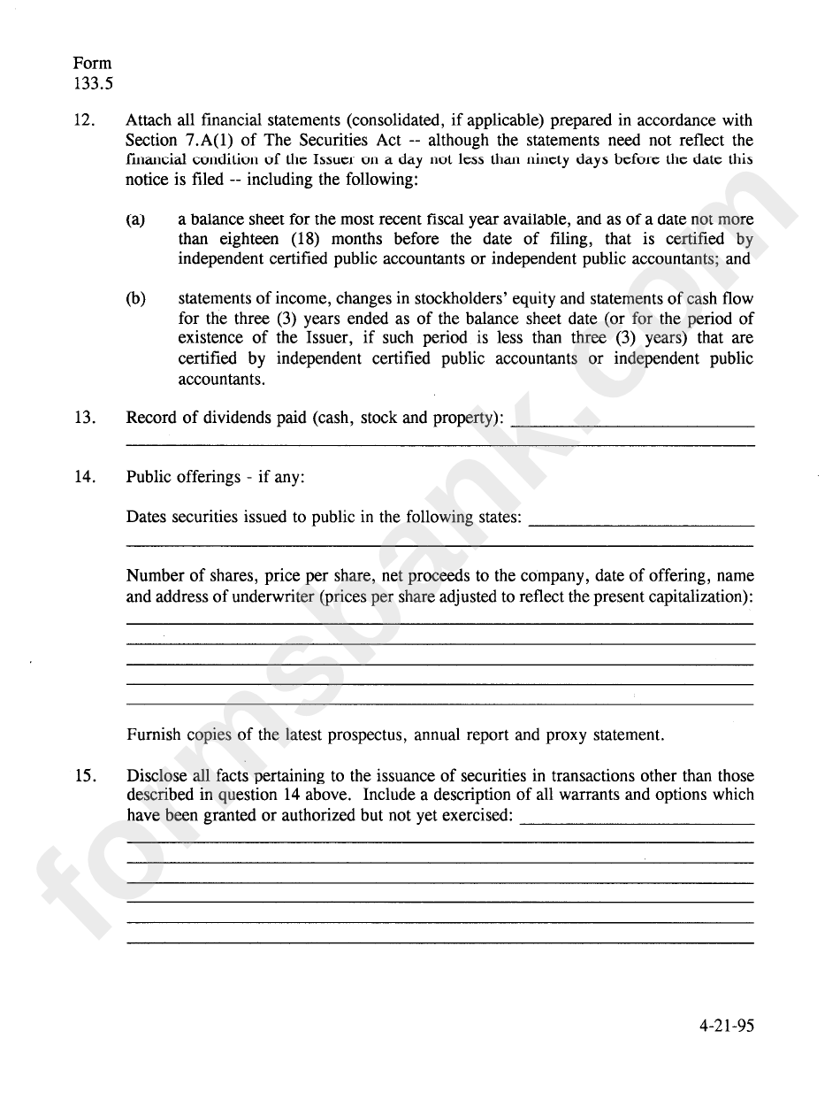 Form 133.5 - Secondary Trading Exemption Notice - 1995