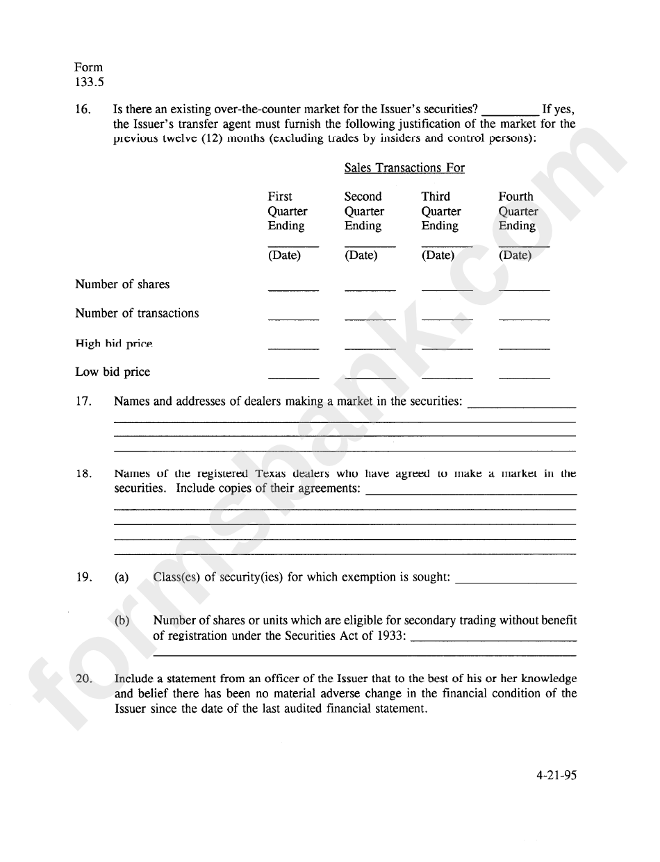Form 133.5 - Secondary Trading Exemption Notice - 1995