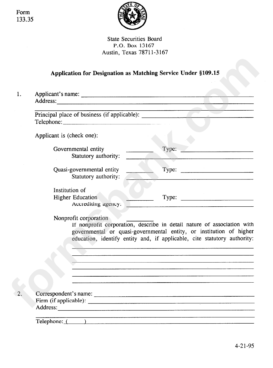 Form 133.35 - Application For Designation As Matching Service - 1995