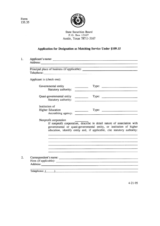 Form 133.35 - Application For Designation As Matching Service - 1995 Printable pdf