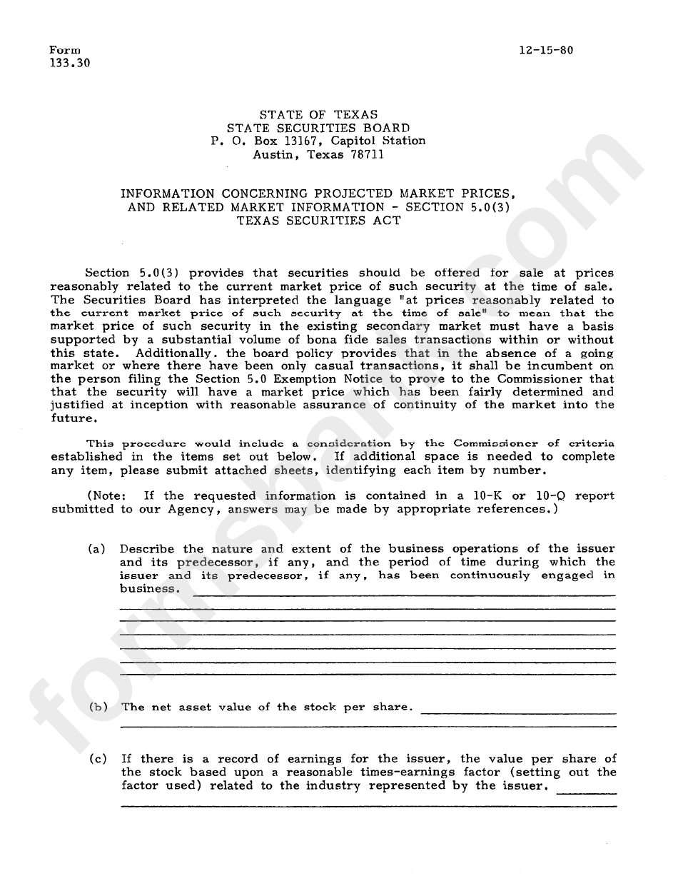 Form 133.30 - Information Concerning Projected Market Prices And Related Market Information 1980