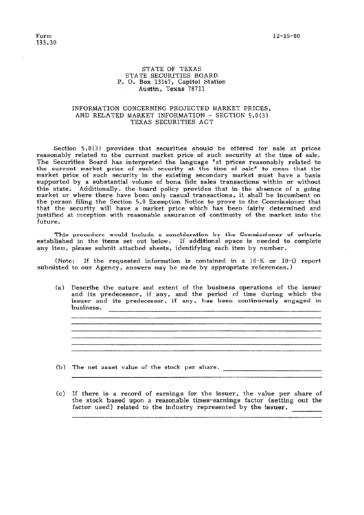Form 133.30 - Information Concerning Projected Market Prices And Related Market Information 1980 Printable pdf