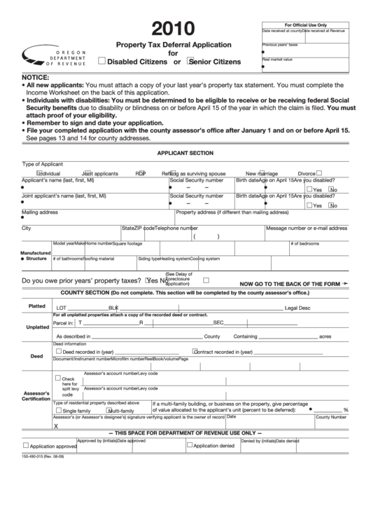 Fillable Form 150-490-015 - Property Tax Deferral Application For Disabled Citizens Or Senior Citizens - 2010 Printable pdf