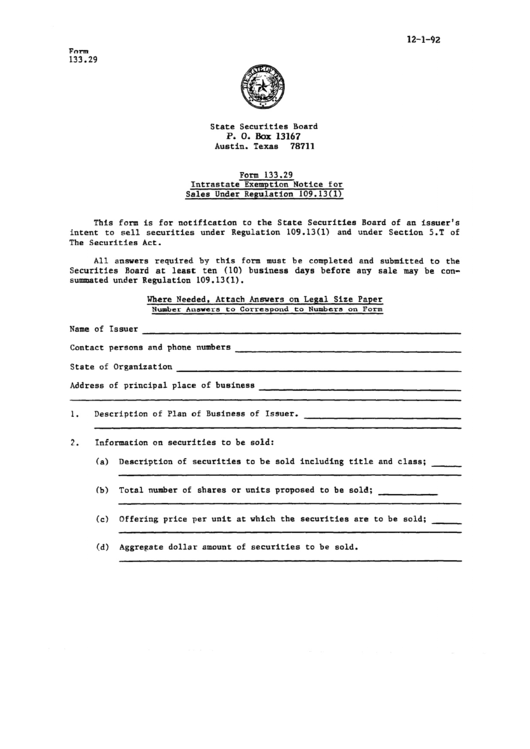Form 133.29 - Intrastate Exemption Notice For Sales Under Regulation - 1992 Printable pdf