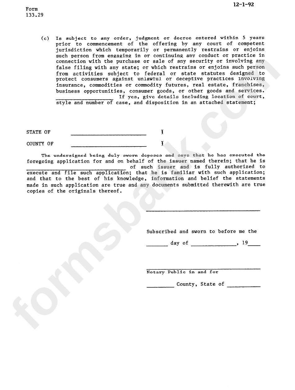 Form 133.29 - Intrastate Exemption Notice For Sales Under Regulation - 1992