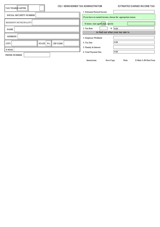 Fillable Berkheimer Estimated Earned Income Tax Form Printable pdf