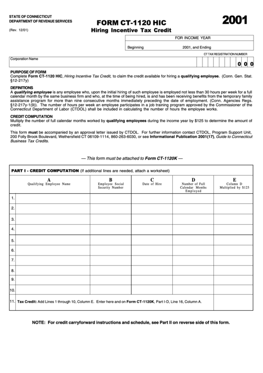 Form Ct-1120 Hic - Hiring Incentive Tax Credit - State Of Connecticut Department Of Revenue Services 2001 Printable pdf