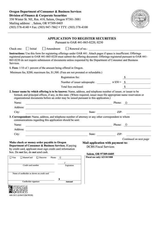 Application To Register Securities Form - 2013 Printable pdf