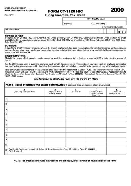 Form Ct-1120 Hic - Hiring Incentive Tax Credit - State Of Connecticut Department Of Revenue Services 2000 Printable pdf