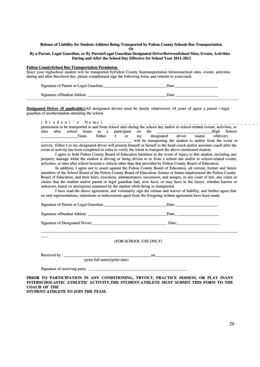 Release Form For Liability For Student-Athletes Being Transported By Bus Printable pdf