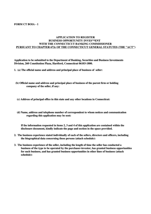 Fillable Form Ct Boia-1 - Application To Register Business Opportunity Investment With The Connecticut Banking Commissioner Printable pdf