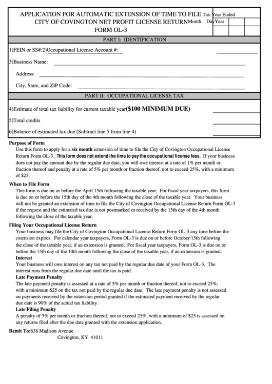 Form Ol-3 - Application For Automatic Extension Of Time To File City Of Covington Net Profit License Return Printable pdf