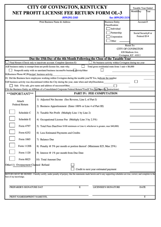 Form Ol-3 - Net Profit License Fee Return Printable pdf