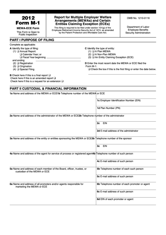 Form M-1 - Report For Multiple Employer Welfare Arrangements (Mewas) And Certain Entities Claiming Exception (Eces) - Department Of Labor 2012 Printable pdf