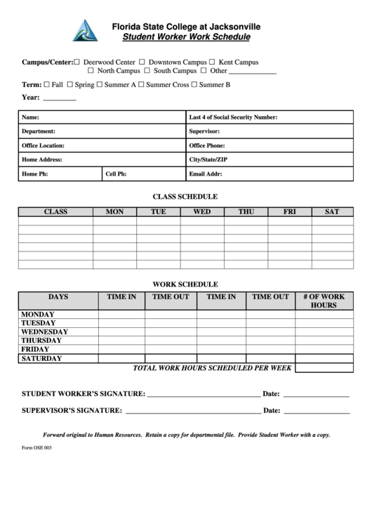 Fillable Form Ose 003 - Student Worker Work Schedule Template Printable pdf