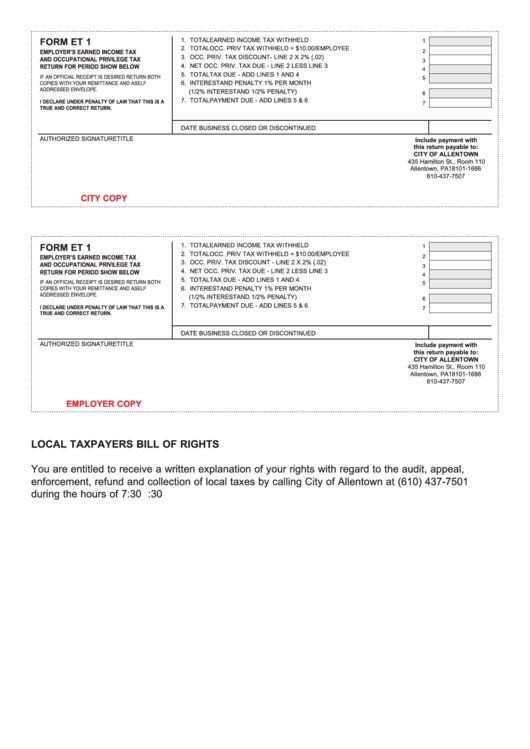 Form Et 1 - Local Taxpayers Bill Of Rights Printable pdf