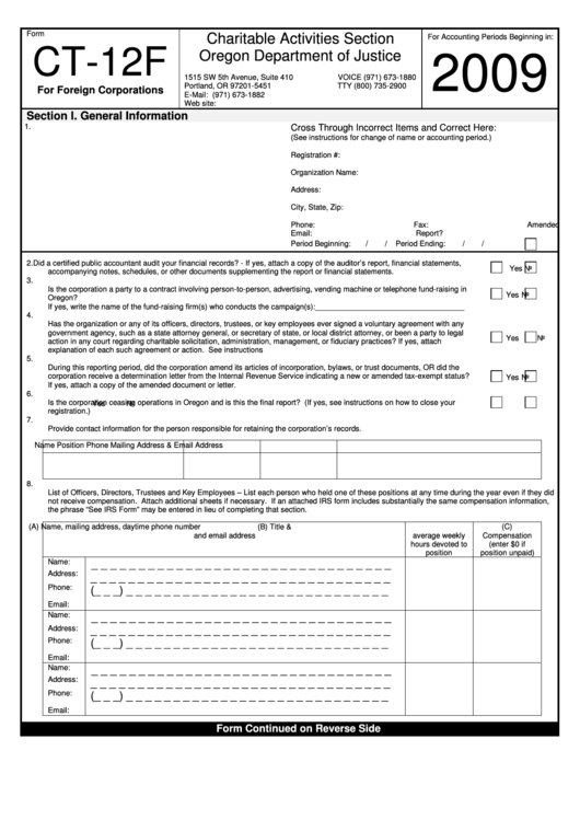 Form Ct-12f - Tax Return For Foreign Charities - 2009 Printable pdf