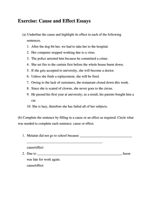 Exercise Worksheet: Cause And Effect Essays Printable pdf
