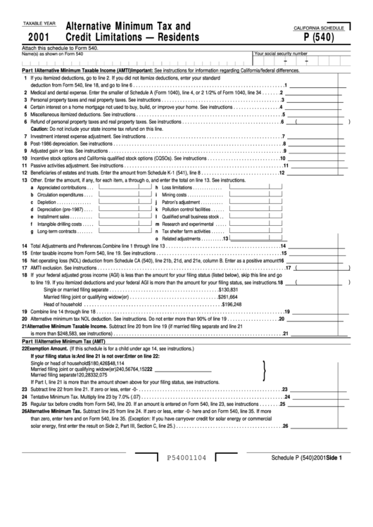 California Schedule P (540) - Attach To Form 540 - Alternative Minimum Tax And Credit Limitations - Residents - 2001 Printable pdf