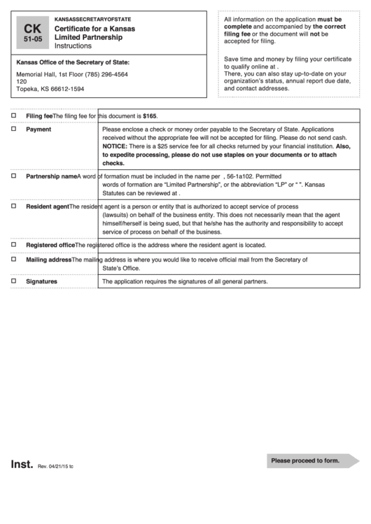 Fillable Form Ck 51-05 - Certificate For A Kansas Limited Partnership Printable pdf