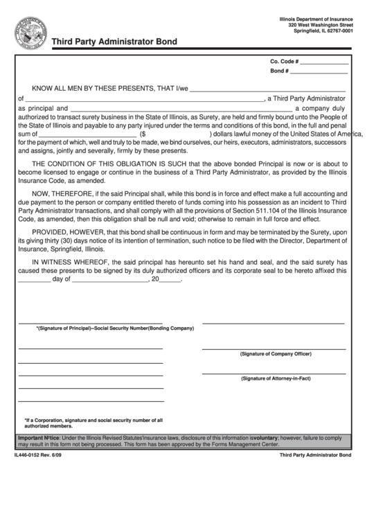 Form Il446-0152 - Third Party Administrator Bond Printable pdf