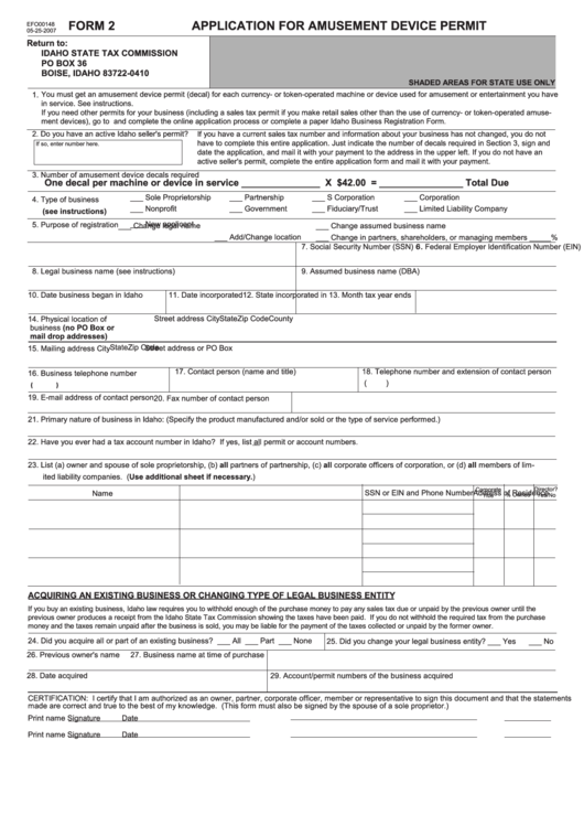 Form 2 - Application For Amusement Device Permit Printable pdf